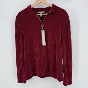 By Design Burgundy Ribbed Velvet Quarter Zip Pullover Top Women's XL NWT